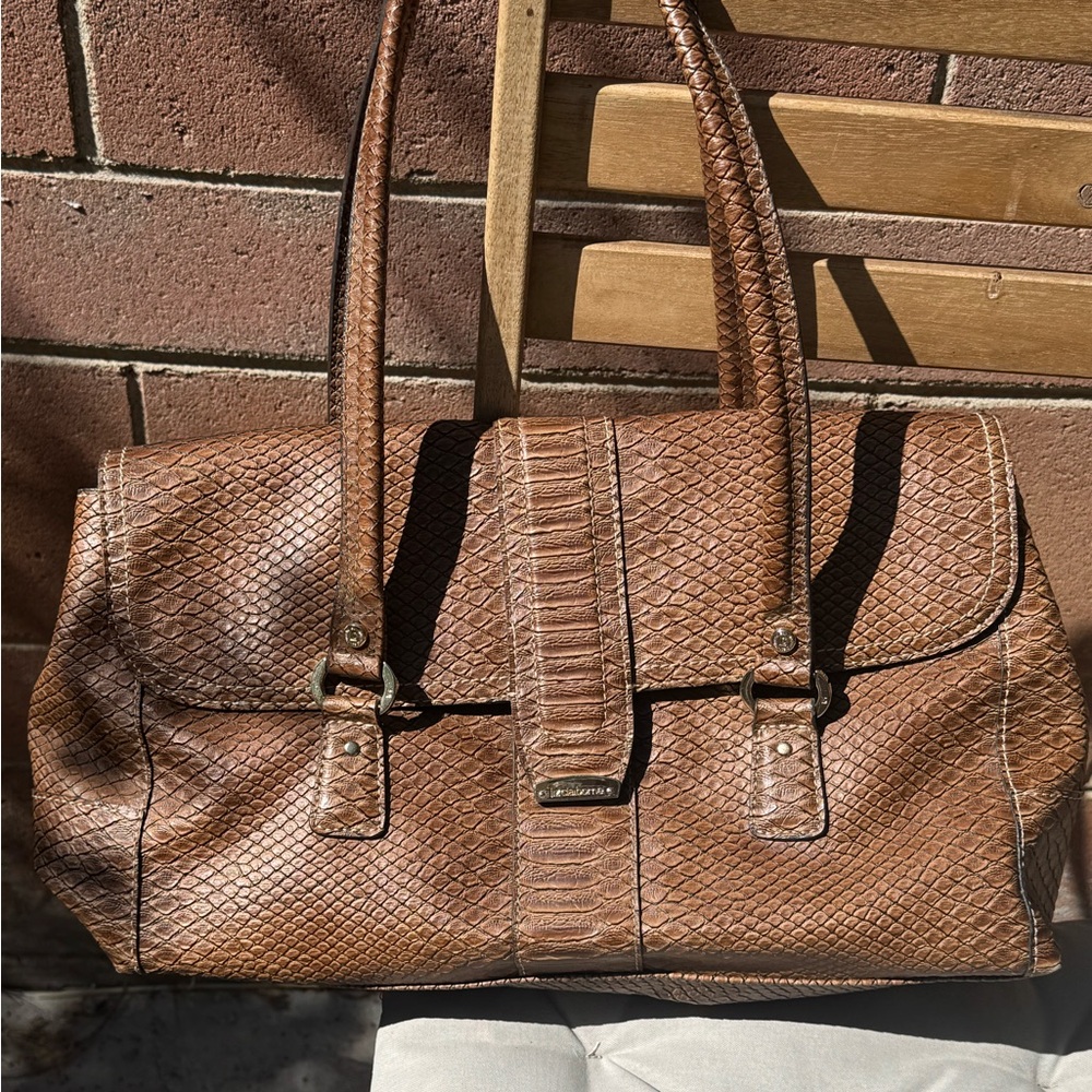 Vintage 2000s Liz Clairborne Faux Embossed Crocodile Cognac Satchel
